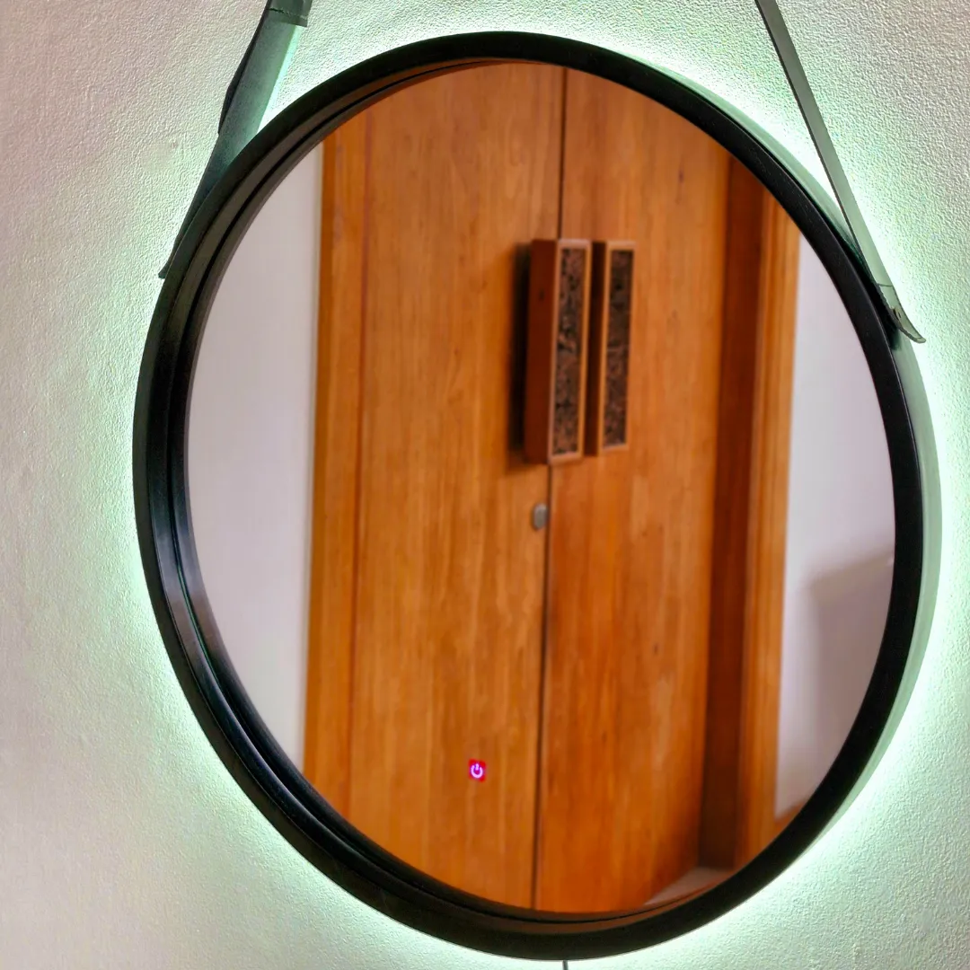 Cermin LED Touch Screen Jati Premium Dengan Gantungan