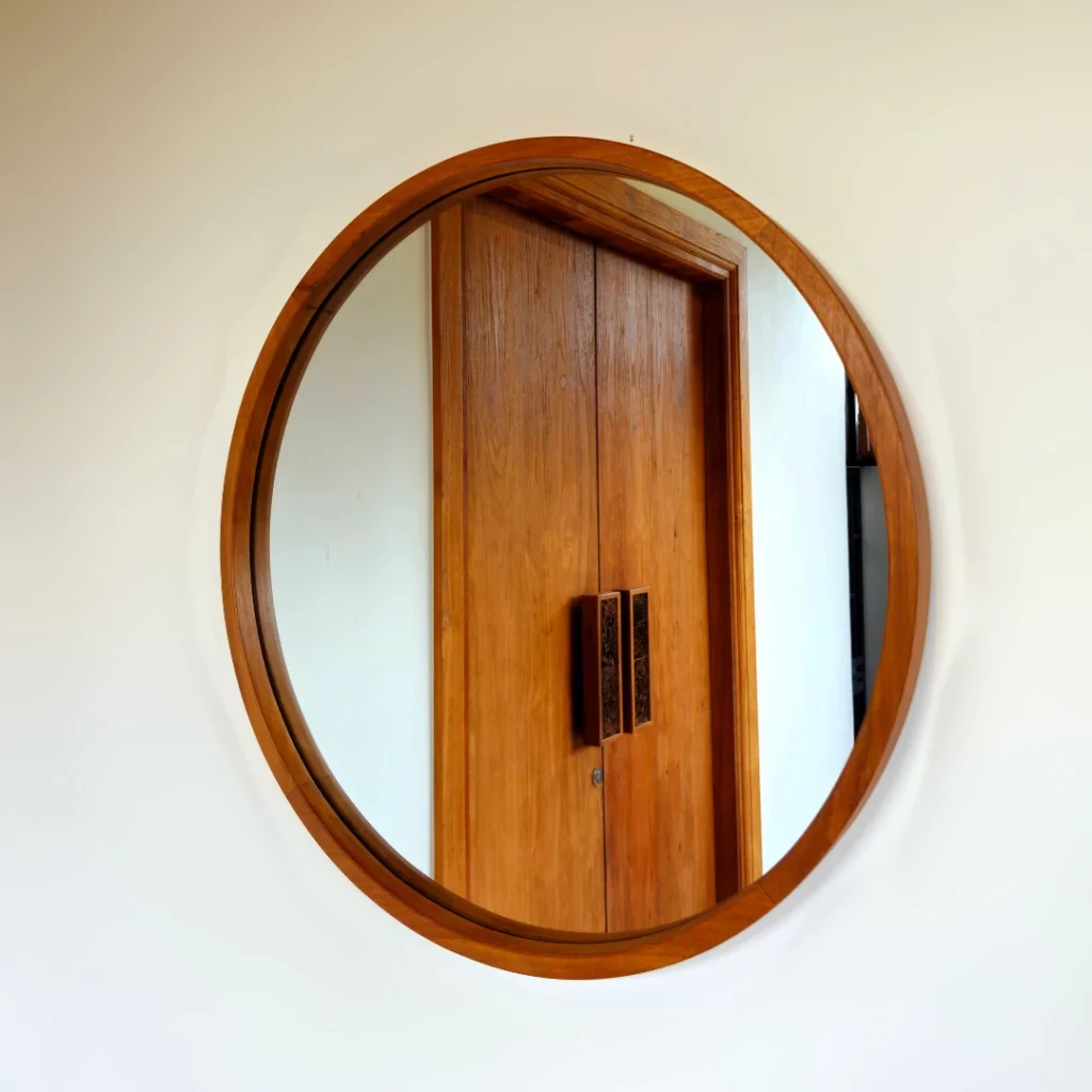 Cermin Bulat Frame Kayu Jati Premium Coklat - Detail 1
