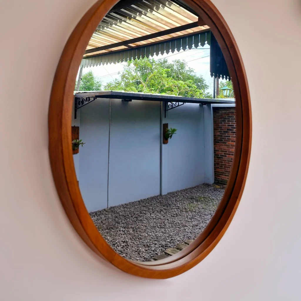 Cermin Bulat Frame Kayu Jati Premium Coklat - Detail 2