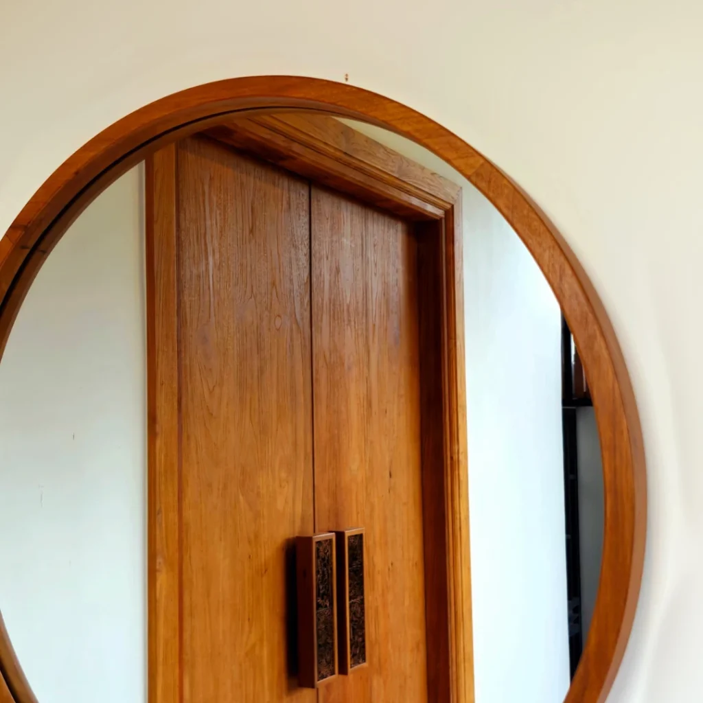Cermin Bulat Frame Kayu Jati Premium Coklat - Detail 5