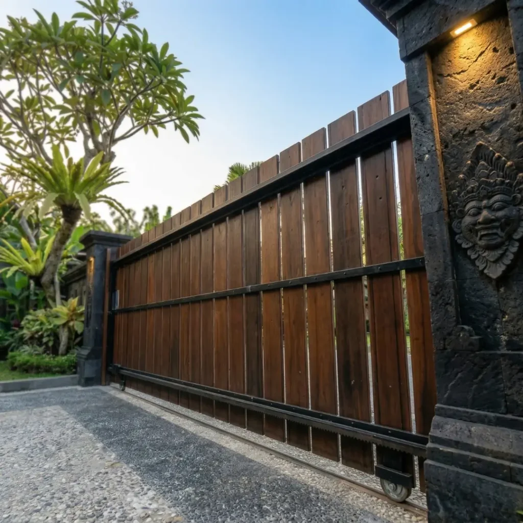 Desain pagar kayu teras depan yang estetik menggunakan material kayu ulin daur ulang tahan cuaca ekstrem