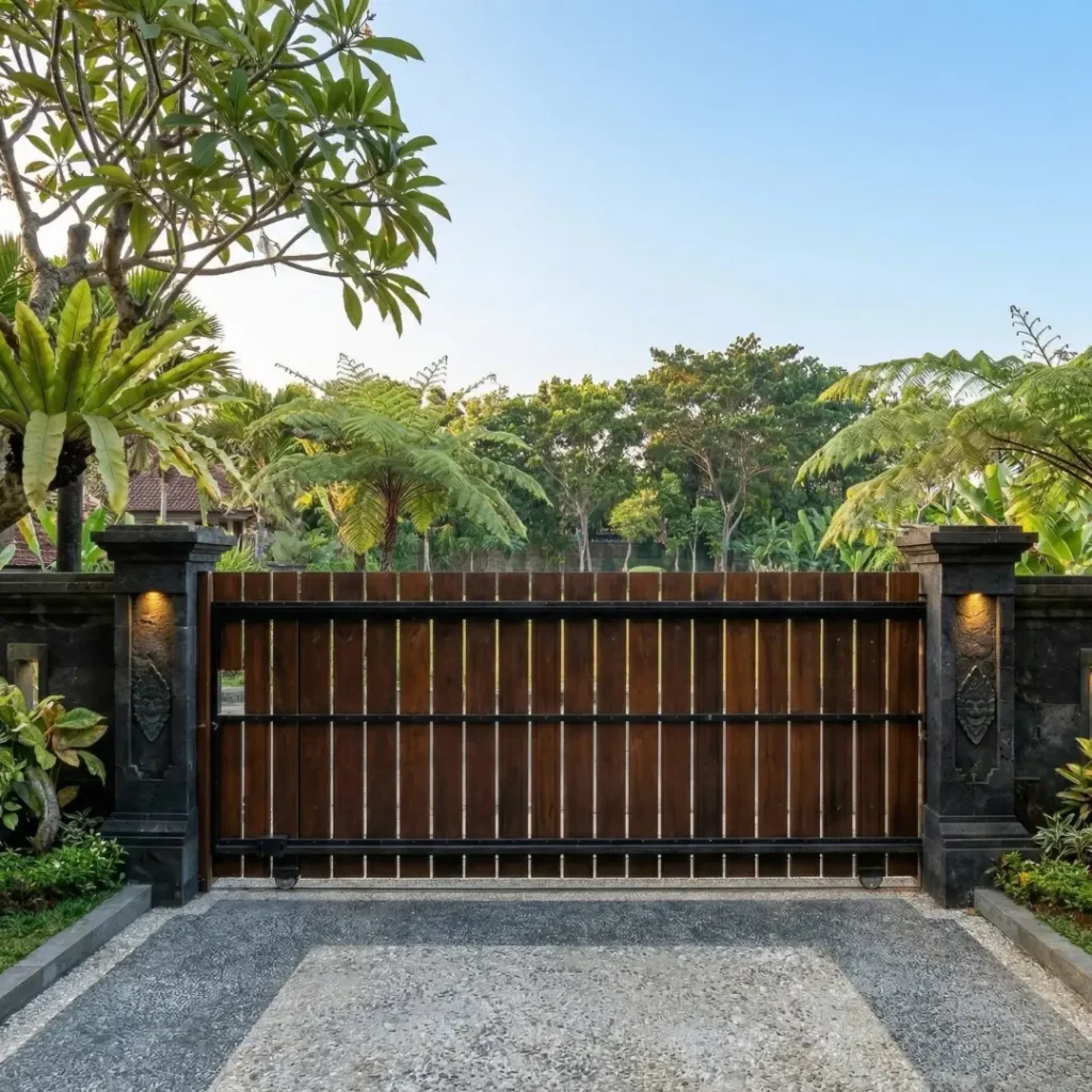 Detail tekstur pagar kayu unik dari bantalan lori yang menunjukkan erosi alami dan karakter rustic luxury tanpa menebang pohon baru.